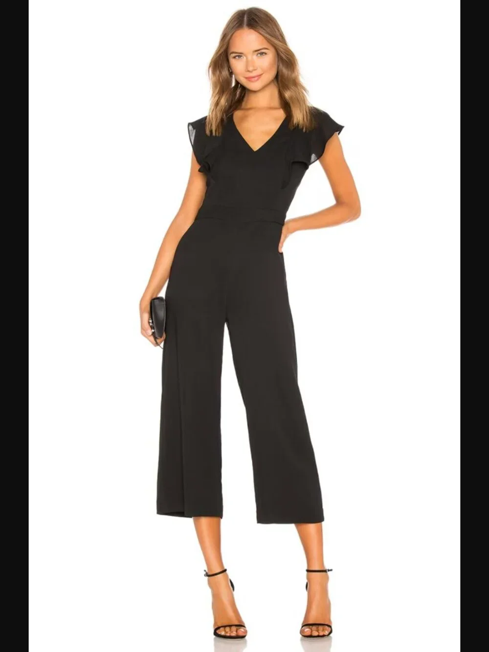 $339 Parker Tommi Jumpsuit Black Ruffle Sleeve Wide Leg Cropped V Neck Size 2